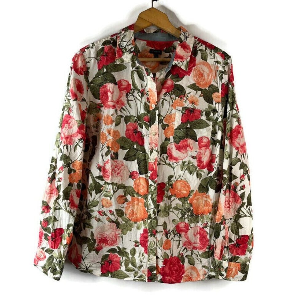 Talbots Womens Button Up Shirt Top Size 20 Multicolor Floral Rose Long Sleeve